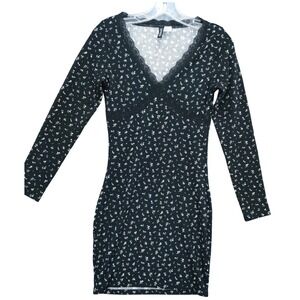 Vtg Divided‎ Floral Mini Dress Ribbed Lace Trim Black Size S Babydoll Y2K